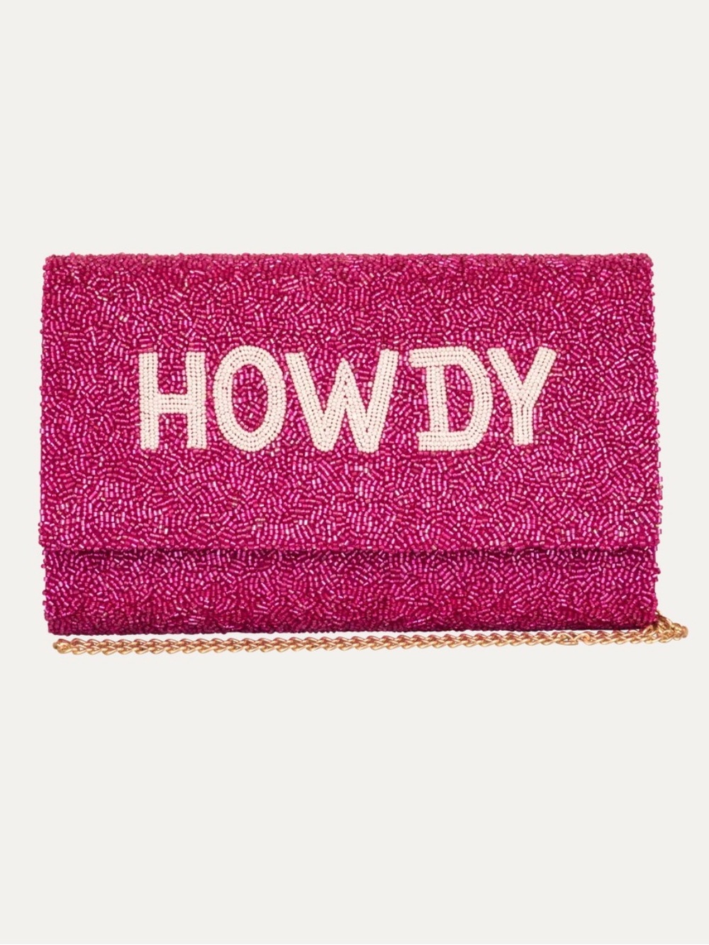Christina Greene Pink 'HOWDY' Beaded Foldover Clutch with Gold Chain